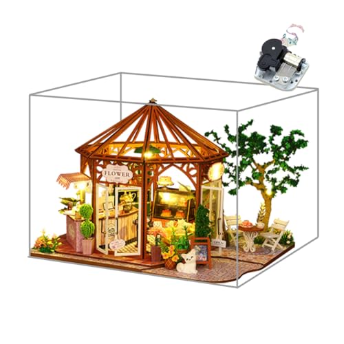 DIY Miniatur-Puppenhaus-Set mit Möbel-LED-Licht, Blumenladen, Holzpuppenhaus-Kits, Basteln für Erwachsene, DIY-Miniaturhaus-Bastelset, Maßstab 1:24 (Kaffee-Blumenhaus mit Staubschutz-Musik) von hvmabeck
