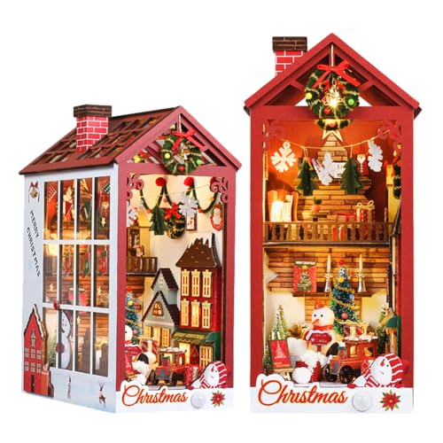 DIY Weihnachtsbuch Nook Kit mit LED-Licht und Möbeln, DIY Holz Puppenhaus Kit Puzzle Haus Modellbau Kits Home Bücherregal Dekor (Weihnachtsbuchecke) von hvmabeck