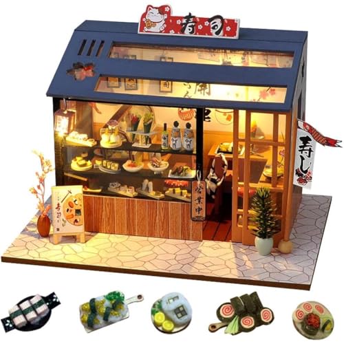 Japanischer Stil Food and Play Shop Serise Puppenhaus Miniatur mit Möbeln DIY Holz Puppenhaus Kit Kreativer Raum mit LED-Licht (Sakura Sushi) von hvmabeck