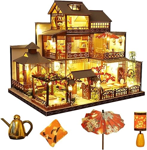 Japanischer Stil Retro Villa Puppenhaus Miniatur mit Möbeln, DIY Holz Puppenhaus Kit mit LED Licht, Maßstab 1:24 Kreativer Raum für Geburtstagsgeschenk von hvmabeck