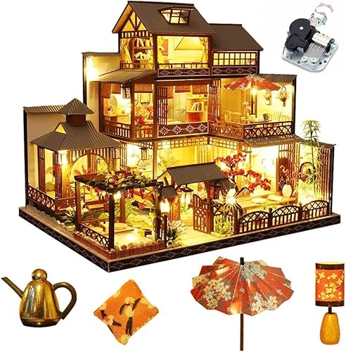 Japanischer Stil Retro Villa Puppenhaus Miniatur mit Möbeln, DIY Holz Puppenhaus Kit mit Musik, Maßstab 1:24 Kreativer Raum für Geburtstagsgeschenk von hvmabeck