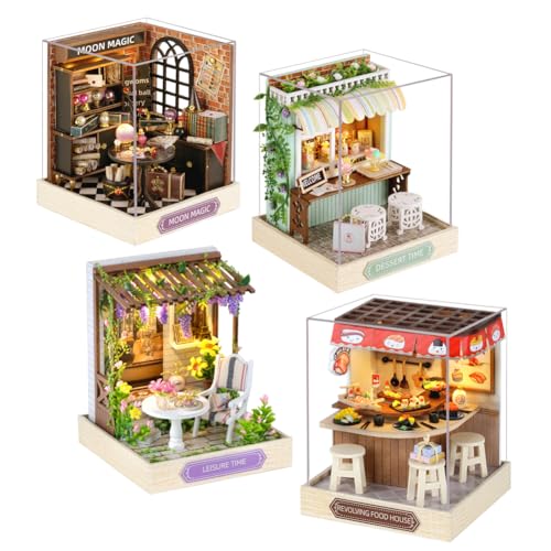 Miniatur-Puppenhaus-Set zum Selbermachen, mit Staubschutz, Mini-Miniatur-Puppenhaus aus Holz, kreatives Puppenhaus DIY-Kit zusammengebaut für Geburtstagsgeschenk (4-teilig) von hvmabeck