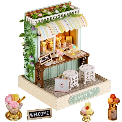 Miniatur-Puppenhaus-Set zum Selbermachen, mit Staubschutz, Mini-Miniatur-Puppenhaus aus Holz, kreatives Puppenhaus DIY-Kit zusammengebaut für Geburtstagsgeschenk (Dessertzeit) von hvmabeck