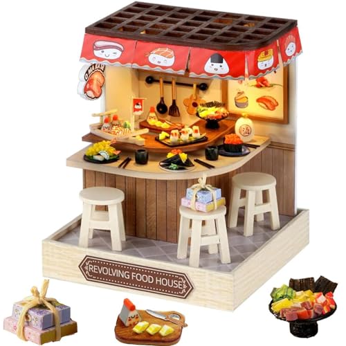 Miniatur-Puppenhaus-Set zum Selbermachen, mit Staubschutz, Mini-Miniatur-Puppenhaus aus Holz, kreatives Puppenhaus DIY-Kit zusammengebaut für Geburtstagsgeschenk (drehbares Lebensmittelhaus) von hvmabeck