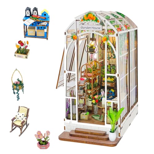 hvmabeck Book Nook Kit DIY 3D Wooden Puzzles Dollhouse Bookshelf Insert Decor Alley, Garden Dollhouse Bookends Model Build-Creativity Kit with LED Light von hvmabeck