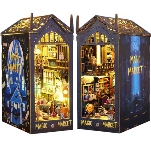 hvmabeck DIY Magic Book Nook Kit, DIY Miniatur Puppenhaus Kit mit LED-Lichtern 3D Holzpuzzle Buchstütze für Bücherregal Dekor, Winziges Modellhaus für Erwachsene zum Bauen von hvmabeck