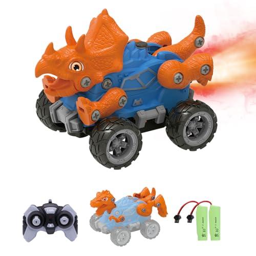 iBlivers Fernbedienung Gebäude Dinosaurier Auto, Monster Truck 2 Formen Dino Ersatz mit Sprühnebel Lichter, Bauen Sie einen STEM Fernbedienung Monster Truck Auto Bauspielzeug Geschenke von iBlivers