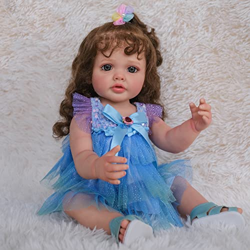 iCradle 22 Zoll Reborn Baby Puppen Silikon Ganzkörper realistische Neugeborene Mädchen Puppe Schönes wiedergeborenes Kleinkind mit braunen Haaren anatomisch korrektes waschbares Spielzeug von iCradle