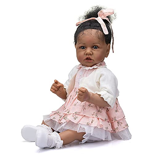 iCradle Reborn Baby Dolls Soft Body Reborn Toddler Saskia in Dark Brown Skin Color African Cuddly Baby Girl Doll Hand-verwurzelte Haare 22 Zoll 55 cm von iCradle
