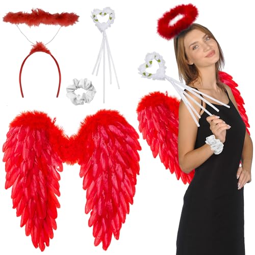 iDattel Engelsflüge,Rot Engelsflügel Deko mit heiligenschein und Zauberstab,Kostüm Engel,Weiße Engel Kostüm Damen,Engels flügel Kostüm,Party Fasching Kostüme,Kostümparty Verkleidung（Rot,60x60cm） von iDattel