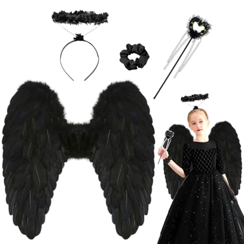 iDattel Engelsflügel mit Heiligenschein,Engelsflügel Deko mit Zauberstab,Schwarzer Engel kostüm damen für Halloween Karneval Cosplay Party,faschingskostüme damen,Kostümparty Verkleidung（45x45cm） von iDattel