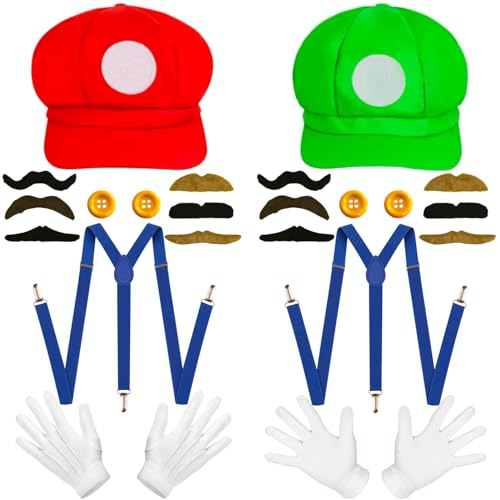 iDattel Mario & Luigi Kostüm-Set für Erwachsene: Unisex Kostüm mit Mario & Luigi Mützen, Handschuhen, Schnurrbart & Knöpfen für Cosplay, Karneval, Fasching & Themenpartys von iDattel