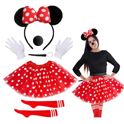 iDattel Maus Mouse Kostüm,fasching kostüm Damen Maus Mouse Kostüm Mädchen Set Rot Tutu/Haarreifen mit Maus Ohren/Handschuhe/Nase/Schwanz/Strümpfe/für Fasching Karneval Halloween Motto Cosplay Party von iDattel