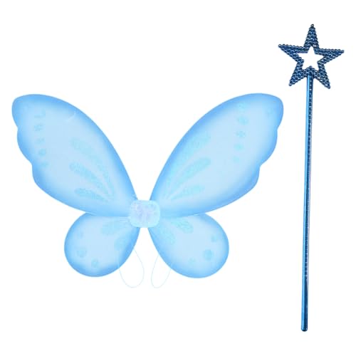IEFIEL Fee Flügel Kostüm Set für Frauen Schmetterling Flügel Fee Engelsflügel mit Feenstab Blau und Marineblau One Size von iEFiEL