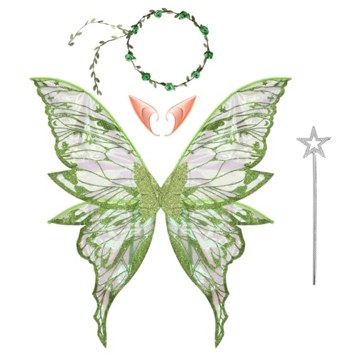 IEFIEL Fee Kostüm Set für Erwachsene Mädchen glitzernde Schmetterlingsflügel Blumengirlande Elfenohren und Sternenstab Grün One Size von iEFiEL