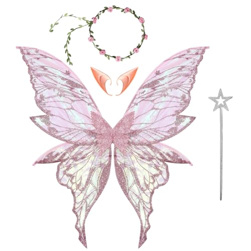 IEFIEL Fee Kostüm Set für Erwachsene Mädchen glitzernde Schmetterlingsflügel Blumengirlande Elfenohren und Sternenstab Rosa One Size IEFIEL Fee Kostüm Set für Erwachsene Mädchen glitzernde Schmetterlingsflügel Blumengirlande Elfenohren und Sternenstab Rosa One Size von iEFiEL