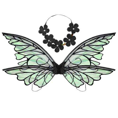 IEFIEL Halloween Prinzessin Fee Set Farbverlauf Feenflügel mit Blumenkranz Zauberwelt Engelsflügel Schmetterlingsflügel Cosplay Mottoparty Fasching Schwarz One Size von iEFiEL