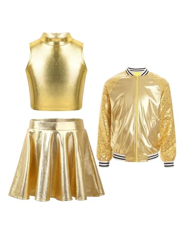 iEFiEL Mädchen Metallic Retro Tanz Kleidung Set Glitzer Jacke mit Ärmellos crop Top und Tanzrock Disco Jazz Outfits Karneval Fasching Clubwear Gold 134-140 iEFiEL Mädchen Metallic Retro Tanz Kleidung Set Glitzer Jacke mit Ärmellos crop Top und Tanzrock Disco Jazz Outfits Karneval Fasching Clubwear Gold 134-140 von iEFiEL