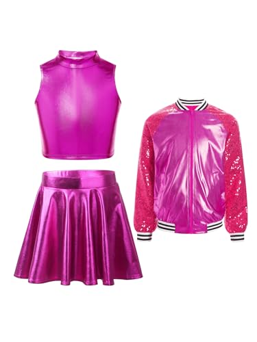 iEFiEL Mädchen Metallic Retro Tanz Kleidung Set Glitzer Jacke mit Ärmellos crop Top und Tanzrock Disco Jazz Outfits Karneval Fasching Clubwear Rosenrot 110-116 iEFiEL Mädchen Metallic Retro Tanz Kleidung Set Glitzer Jacke mit Ärmellos crop Top und Tanzrock Disco Jazz Outfits Karneval Fasching Clubwear Rosenrot 110-116 von iEFiEL