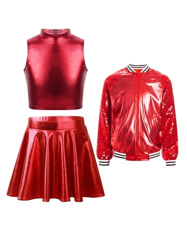 iEFiEL Mädchen Metallic Retro Tanz Kleidung Set Glitzer Jacke mit Ärmellos crop Top und Tanzrock Disco Jazz Outfits Karneval Fasching Clubwear Rot 158-164 iEFiEL Mädchen Metallic Retro Tanz Kleidung Set Glitzer Jacke mit Ärmellos crop Top und Tanzrock Disco Jazz Outfits Karneval Fasching Clubwear Rot 158-164 von iEFiEL