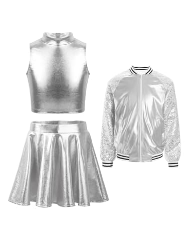 iEFiEL Mädchen Metallic Retro Tanz Kleidung Set Glitzer Jacke mit Ärmellos crop Top und Tanzrock Disco Jazz Outfits Karneval Fasching Clubwear Silber 134-140 iEFiEL Mädchen Metallic Retro Tanz Kleidung Set Glitzer Jacke mit Ärmellos crop Top und Tanzrock Disco Jazz Outfits Karneval Fasching Clubwear Silber 134-140 von iEFiEL