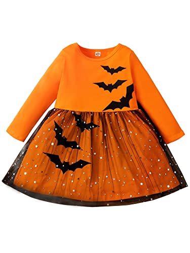 iEFiEL Baby Mädchen Kürbis Kostüm Langarm Samt Kleid Bat Fledermaus Halloween Kostüm Cosplay Kinder Festlich Kleid Tüll Partykleid Orange Baumwolle 86-92 von iEFiEL