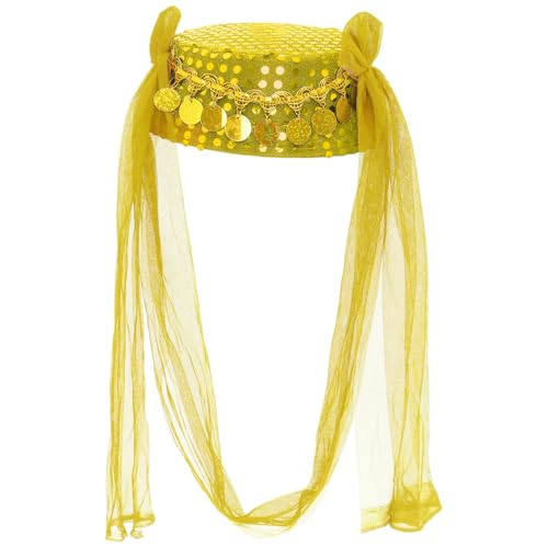 iEFiEL Bauchtanz Hut mit Schleier Orientalische Indische Kopfbedeckung Pailletten Tanz Kappe Haarschmuck Karneval Mottoparty Gelb One Size von iEFiEL