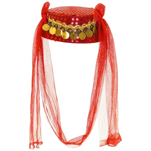 iEFiEL Bauchtanz Hut mit Schleier Orientalische Indische Kopfbedeckung Pailletten Tanz Kappe Haarschmuck Karneval Mottoparty Rot One Size von iEFiEL