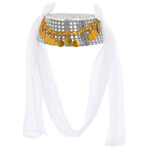 iEFiEL Bauchtanz Hut mit Schleier Orientalische Indische Kopfbedeckung Pailletten Tanz Kappe Haarschmuck Karneval Mottoparty Weiß One Size von iEFiEL