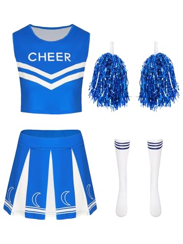 iEFiEL Cheer Leader Kostüm Ärmellose Crop Top Mit Rock Pompoms Harrband Cheerleading Uniform Rave Party Halloween Karneval Kostüm Clubwear Blau XXL von iEFiEL