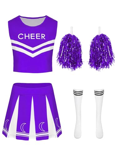 iEFiEL Cheer Leader Kostüm Ärmellose Crop Top Mit Rock Pompoms Harrband Cheerleading Uniform Rave Party Halloween Karneval Kostüm Clubwear Violett XXL iEFiEL Cheer Leader Kostüm Ärmellose Crop Top Mit Rock Pompoms Harrband Cheerleading Uniform Rave Party Halloween Karneval Kostüm Clubwear Violett XXL von iEFiEL