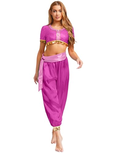 iEFiEL Damen 2-teilige Bauchtanz Kostüm Pailletten kurzarm Crop Top mit Satin Hose Glitzer Prinzessin Outfit Oberteile Tanzhose Bühnenkostüm Cosply Halloween Hot Pink XXL iEFiEL Damen 2-teilige Bauchtanz Kostüm Pailletten kurzarm Crop Top mit Satin Hose Glitzer Prinzessin Outfit Oberteile Tanzhose Bühnenkostüm Cosply Halloween Hot Pink XXL von iEFiEL