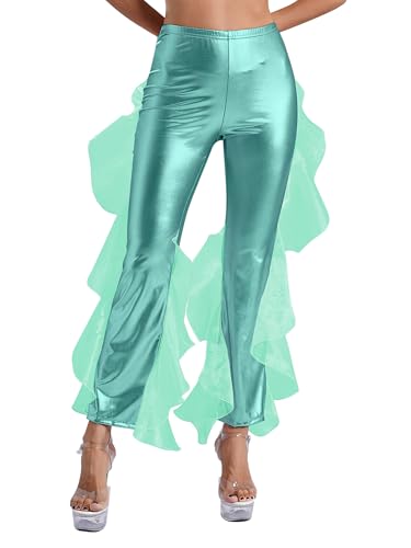 iEFiEL Damen 70er 80er Disco Kostüm Metallic Hose High Waist Leggings mit Rüschenorganza Retro Schlaghose Tanzhose Cosplay Clubwear Grün M von iEFiEL