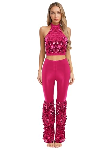 iEFiEL Damen 70er Jahre Disco Kostüm Glitzer Ärmellose Top mit Pailletten Hose Lang Rückenfrei Oberteile Retro Tanzkleidung Clubwear Mottopartys Nachtclubs Hot Pink XL von iEFiEL