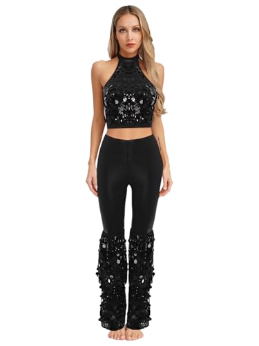iEFiEL Damen 70er Jahre Disco Kostüm Glitzer Ärmellose Top mit Pailletten Hose Lang Rückenfrei Oberteile Retro Tanzkleidung Clubwear Mottopartys Nachtclubs Schwarz S iEFiEL Damen 70er Jahre Disco Kostüm Glitzer Ärmellose Top mit Pailletten Hose Lang Rückenfrei Oberteile Retro Tanzkleidung Clubwear Mottopartys Nachtclubs Schwarz S von iEFiEL