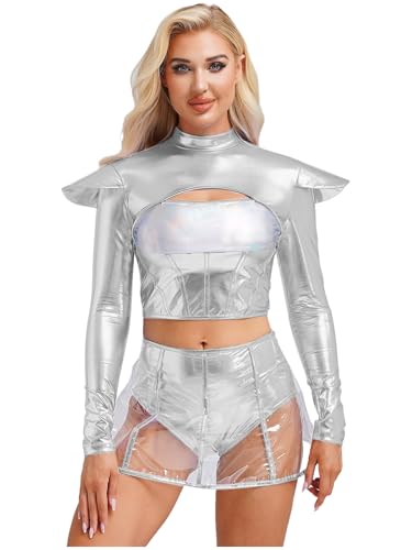 iEFiEL Damen Alien Kostüm Langarm Space Girl Kleid Metallic Crop Tops und A Linien-Rock mit Integrierter Unterwäsche Rückenfrei Cosplay Set Silber A XL iEFiEL Damen Alien Kostüm Langarm Space Girl Kleid Metallic Crop Tops und A Linien-Rock mit Integrierter Unterwäsche Rückenfrei Cosplay Set Silber A XL von iEFiEL