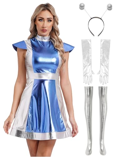 iEFiEL Damen Alien Kostüm Metallic Astronauten Kostüme Outfits für Karneval Halloween Fasching Rollenspiel Verkleidung Minikleid mit Kopfbedeckung Handschuhe Strümpfe Blau 3XL von iEFiEL
