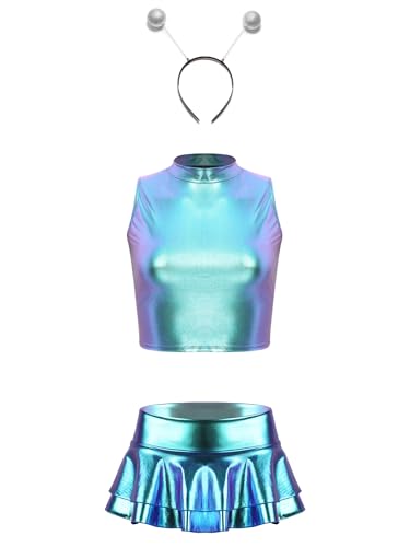 iEFiEL Damen Alien Kostüm Metallic Space Girl Kleid Glitzer Armellos Top Mit Mini Tütü Rock Und Haarreif Karneval Fasching Clubwear Mottopartys Blau XXL von iEFiEL