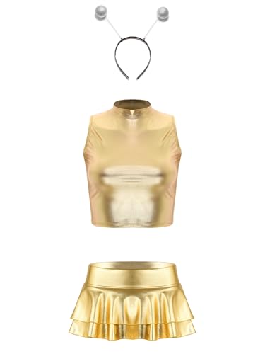 iEFiEL Damen Alien Kostüm Metallic Space Girl Kleid Glitzer Armellos Top Mit Mini Tütü Rock Und Haarreif Karneval Fasching Clubwear Mottopartys Gold XXL von iEFiEL
