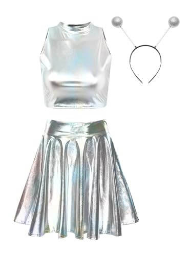 iEFiEL Damen Alien Kostüm Rollespielen Space Prinzessin Faschingskostüme Metallic Crop Top Handschuhe Und Falten Rock Cosplay Kostüme X Silber A XL von iEFiEL