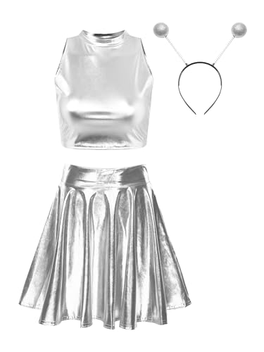 iEFiEL Damen Alien Kostüm Rollespielen Space Prinzessin Faschingskostüme Metallic Crop Top Handschuhe Und Falten Rock Cosplay Kostüme X Silber B S von iEFiEL