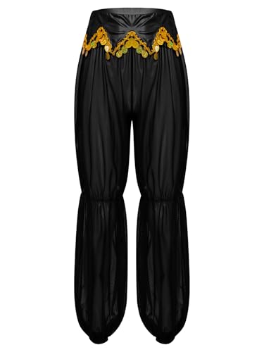 iEFiEL Damen Arabische Prinzessin Hosen Lange Bauchtanz Hose Mit Goldbesatz Pailletten Durchsichtige Mesh Pants Haremshose Halloween Karnevalskostüm Schwarz L von iEFiEL