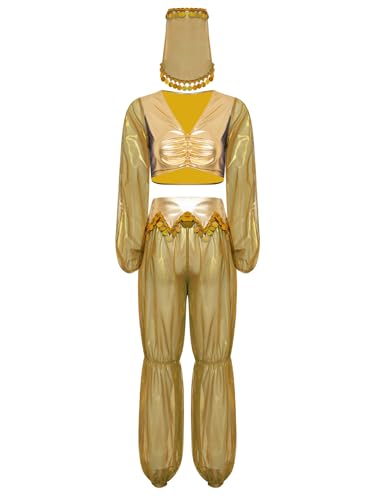 iEFiEL Damen Arabische Prinzessin Kostüm 3-teiliges Halloween Cosplay Bauchtanz kostüm Metallic Patchwork Top mit Mesh Hosen und Schleier Karnevalskostüm Gold S von iEFiEL