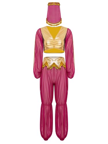 iEFiEL Damen Arabische Prinzessin Kostüm 3-teiliges Halloween Cosplay Bauchtanz kostüm Metallic Patchwork Top mit Mesh Hosen und Schleier Karnevalskostüm Hot Pink M von iEFiEL