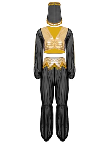 iEFiEL Damen Arabische Prinzessin Kostüm 3-teiliges Halloween Cosplay Bauchtanz kostüm Metallic Patchwork Top mit Mesh Hosen und Schleier Karnevalskostüm Schwarzes Gold L iEFiEL Damen Arabische Prinzessin Kostüm 3-teiliges Halloween Cosplay Bauchtanz kostüm Metallic Patchwork Top mit Mesh Hosen und Schleier Karnevalskostüm Schwarzes Gold L von iEFiEL