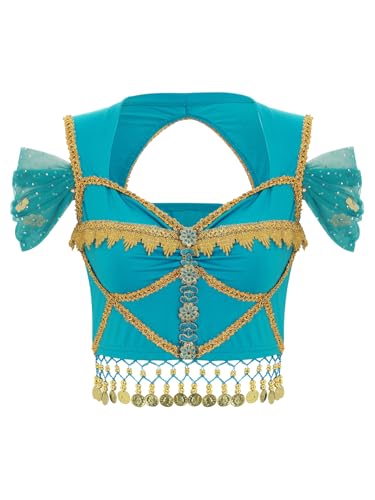 iEFiEL Damen Bauchtanz Crop Top Kurzarm Meshärmel Goldfrische Spitze Arabische Kostüm Prinzessin Cosplay Clubwear Blau XL iEFiEL Damen Bauchtanz Crop Top Kurzarm Meshärmel Goldfrische Spitze Arabische Kostüm Prinzessin Cosplay Clubwear Blau XL von iEFiEL