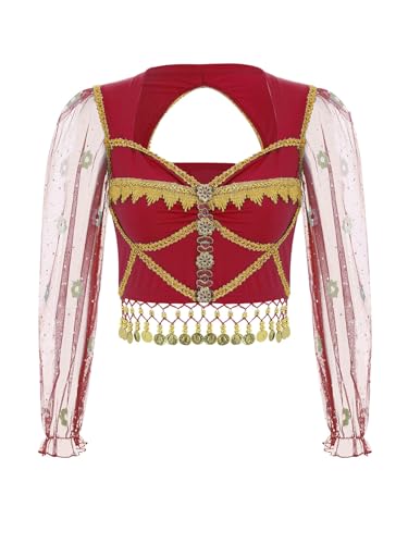 iEFiEL Damen Bauchtanz Crop Top Lange Maschenärmel Goldfrische Trimmed Prinzessin Cosplay Arabische Kostüm Prinzessin Clubwear Rot M von iEFiEL