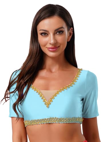 iEFiEL Damen Bauchtanz Crop Top V-ausschnitt Kurzarm Tanztop Slim Fit Bluse Bauchtanz Kostüm Halloween Karnevalskostüm Himmelblau XL von iEFiEL