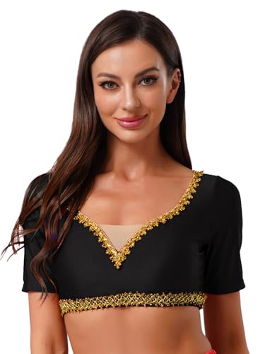 iEFiEL Damen Bauchtanz Crop Top V-ausschnitt Kurzarm Tanztop Slim Fit Bluse Bauchtanz Kostüm Halloween Karnevalskostüm Schwarz XL iEFiEL Damen Bauchtanz Crop Top V-ausschnitt Kurzarm Tanztop Slim Fit Bluse Bauchtanz Kostüm Halloween Karnevalskostüm Schwarz XL von iEFiEL