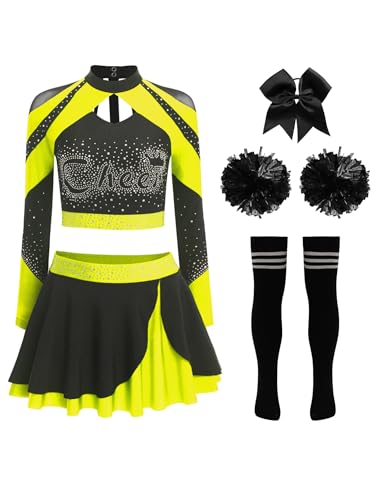 iEFiEL Damen Cheer Leader Kostüm 5-teiliges Langarm Crop Top mit Glitzer Strass Minirock Haarband Blumenball Socken Karneval Fasching Kostüm Fluoreszierendes Gelb B M iEFiEL Damen Cheer Leader Kostüm 5-teiliges Langarm Crop Top mit Glitzer Strass Minirock Haarband Blumenball Socken Karneval Fasching Kostüm Fluoreszierendes Gelb B M von iEFiEL